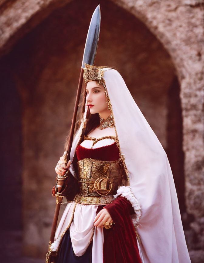 Medieval warrior woman in elaborate costume with spear by stone doorway