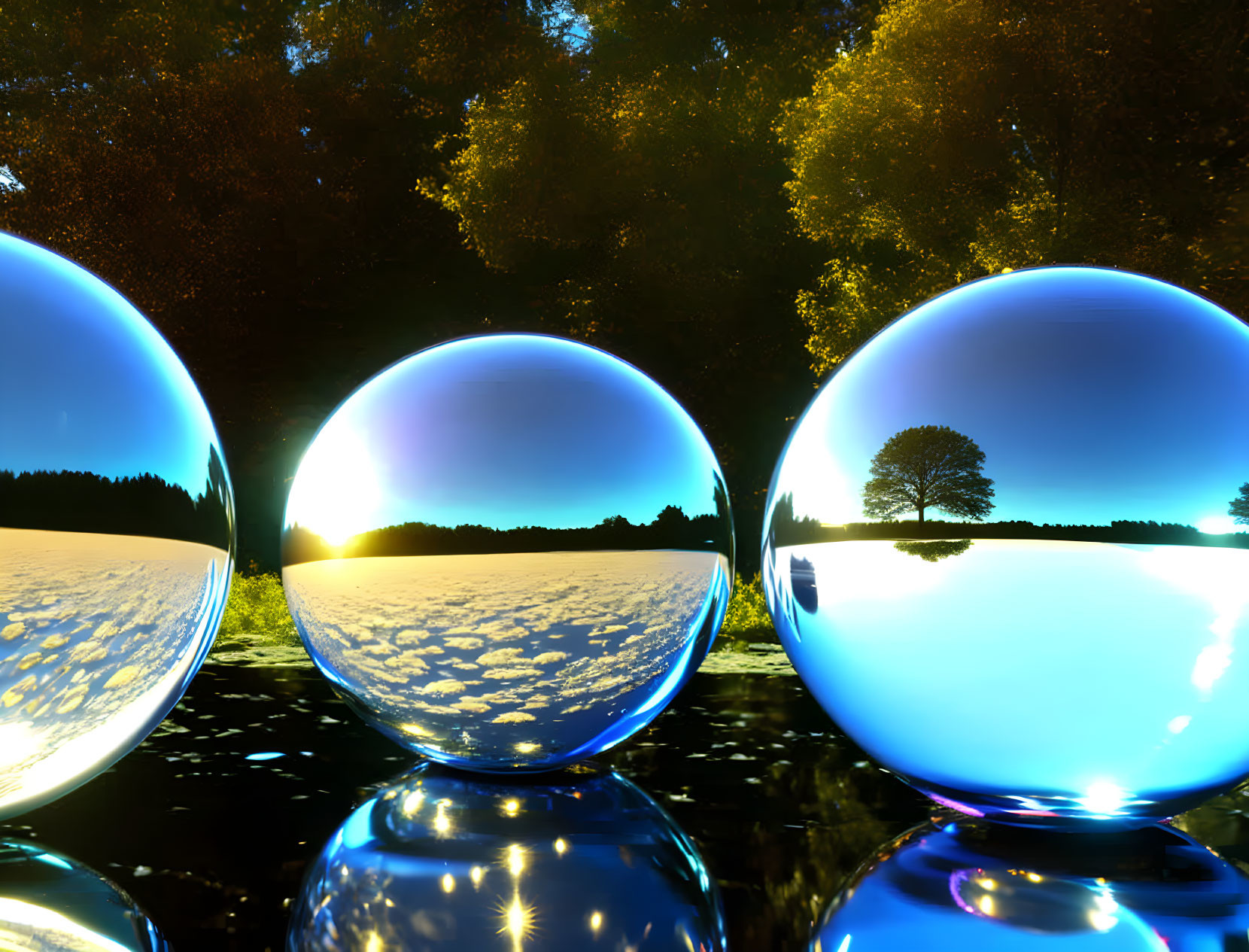 Reflective Spheres on Glossy Surface with Distorted Landscape and Sun Glare