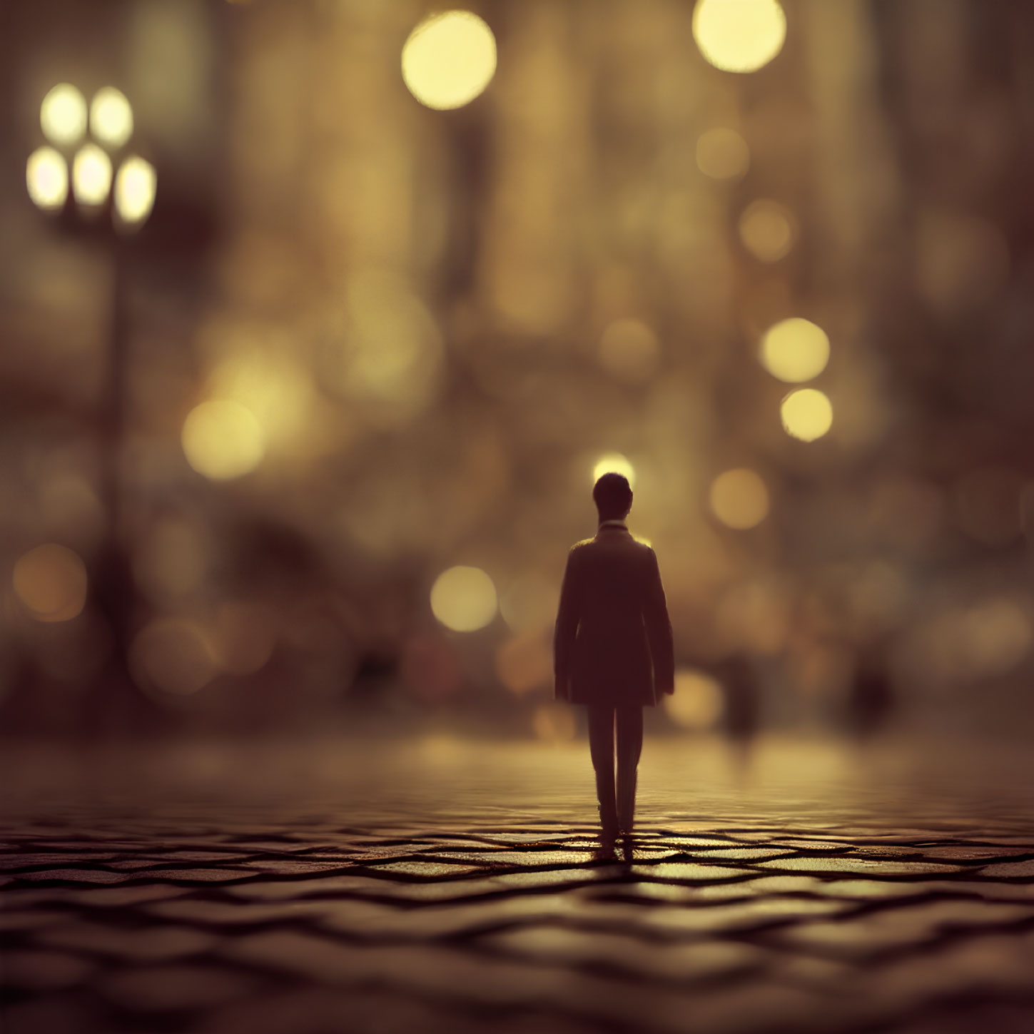 Person's silhouette on cobblestone path with glowing streetlights