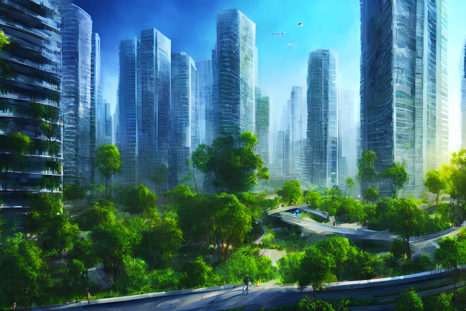 Futuristic cityscape with greenery, high-rise buildings, and blue sky.