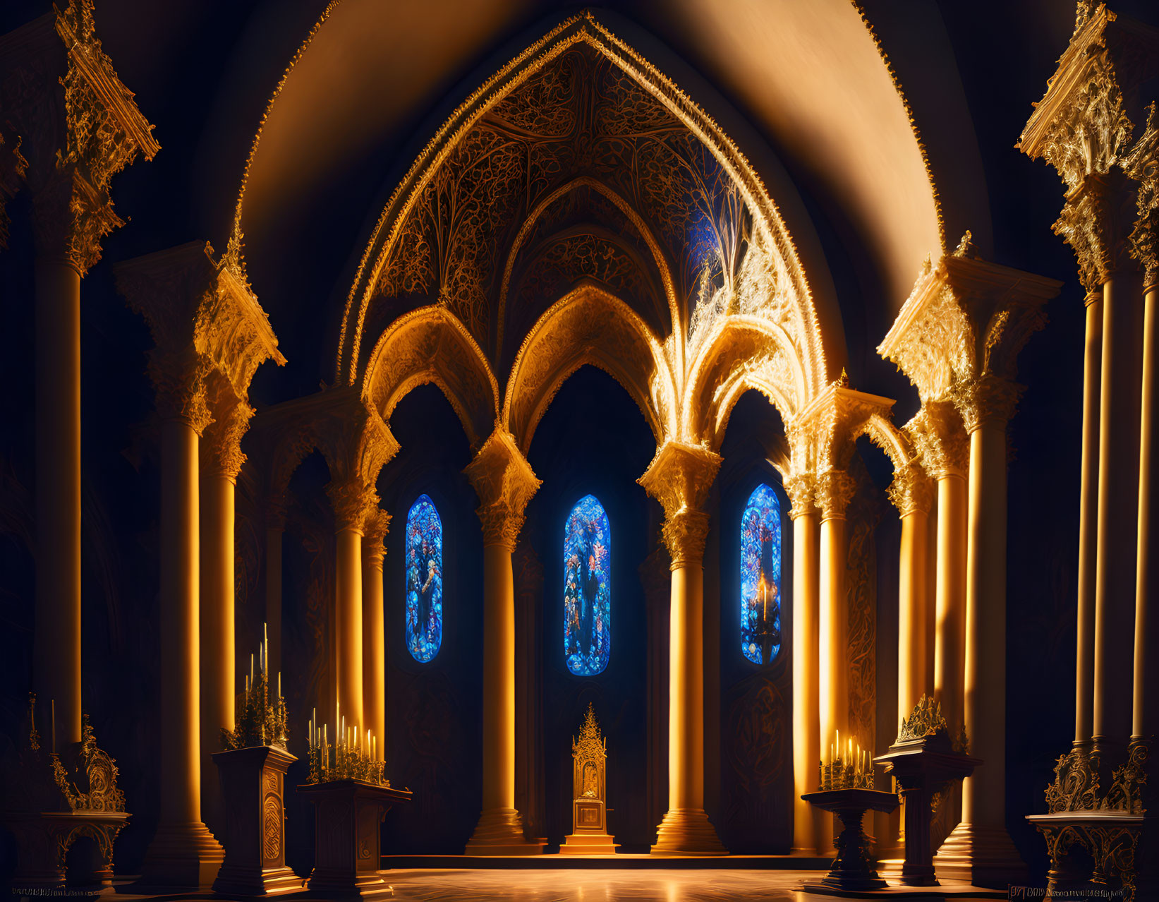 Gothic interior with arches, stained glass, and candles