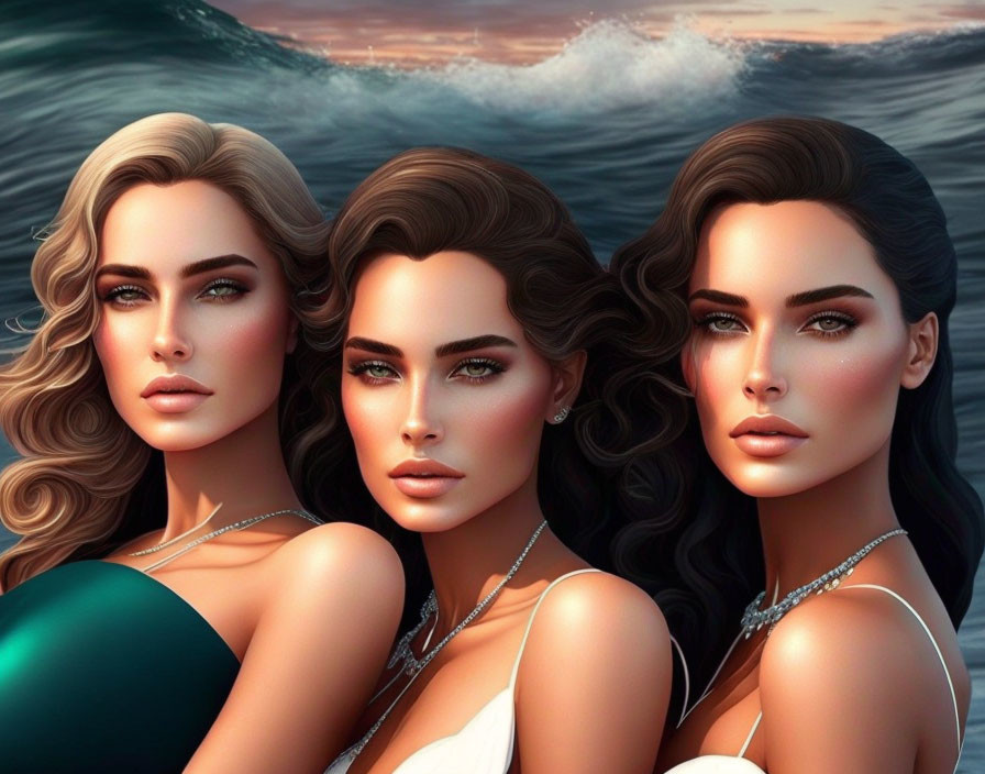 Three women illustrated against ocean backdrop.