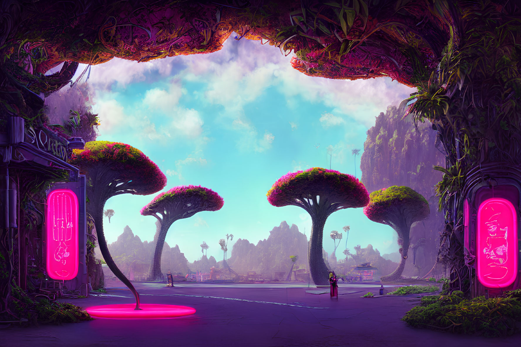 Colorful futuristic landscape with neon signs, lush greenery, pink-topped trees, and blue sky