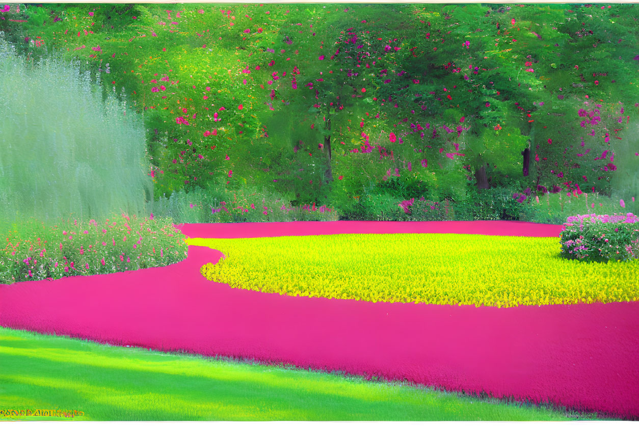 Colorful landscape painting with yellow flowers, pink path, greenery, and blossoms