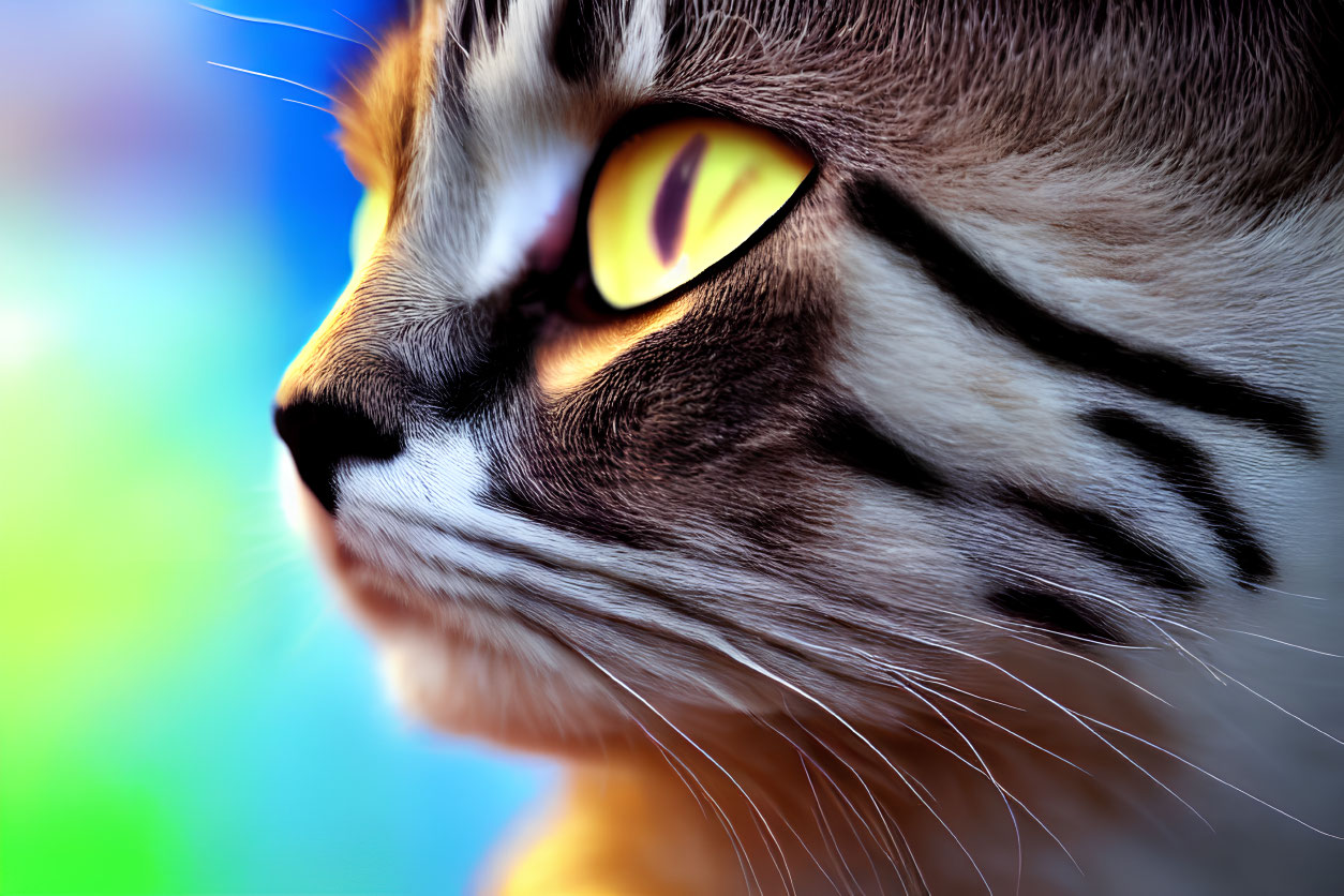 Cat with Yellow Eyes and Tabby Markings Against Blue and Green Background