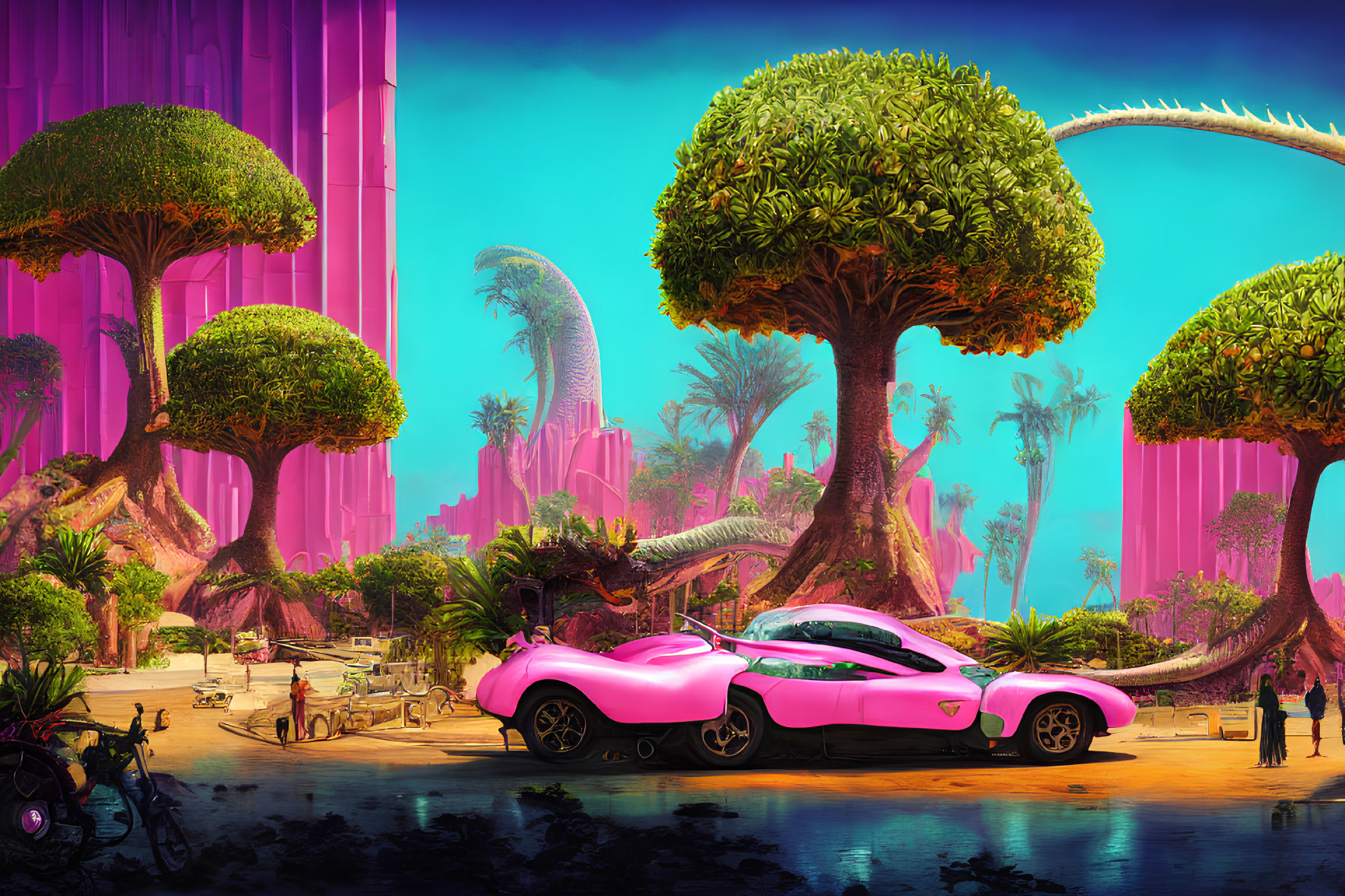 Futuristic sci-fi landscape with oversized flora, pink sports car, and towering pink structures