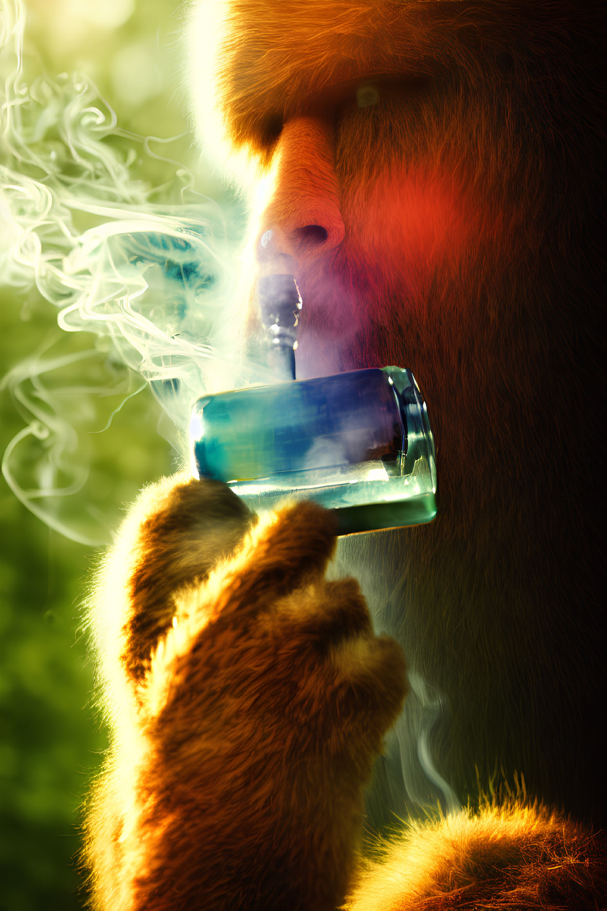 Monkey with vapor holding juice box in natural setting