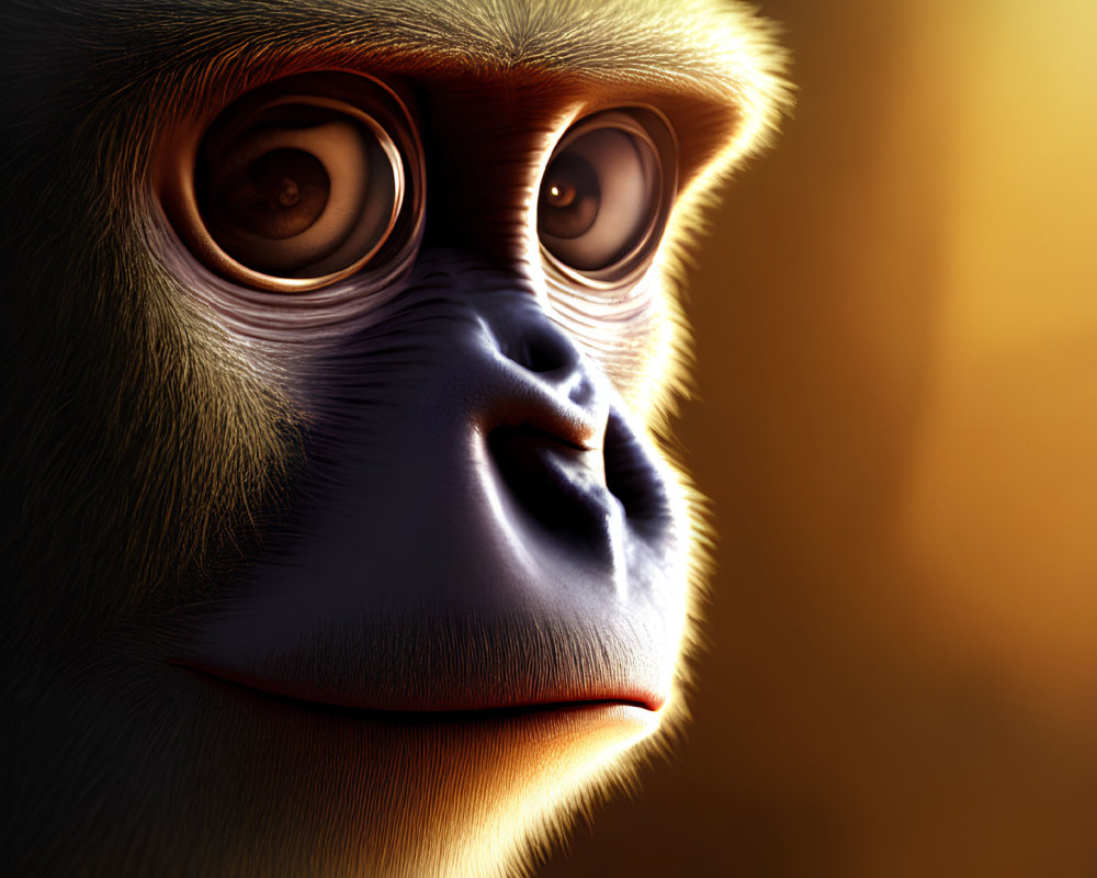 Realistic monkey portrait with large expressive eyes in warm lighting