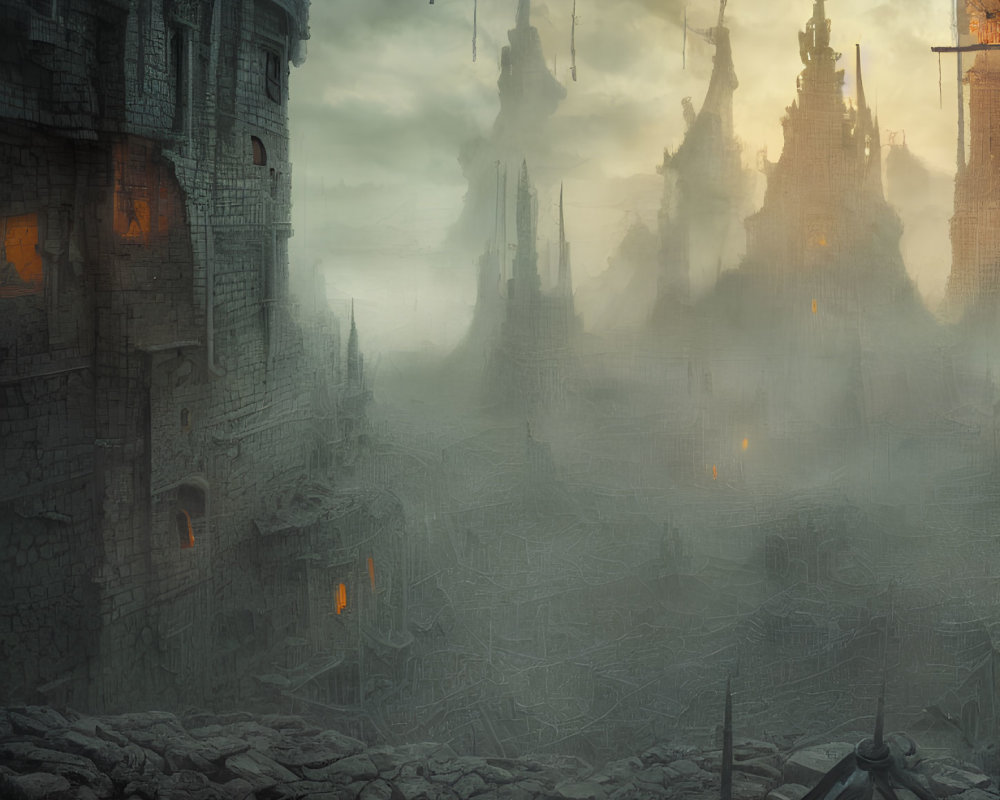 Misty dystopian cityscape with floating islands and foreboding castle