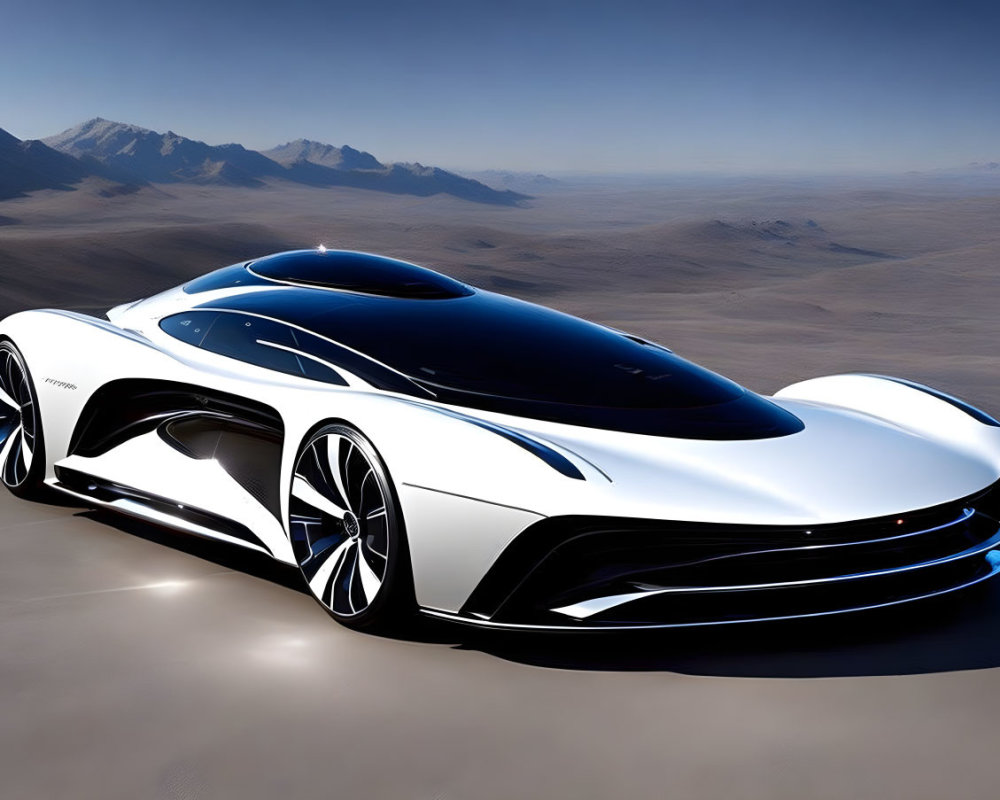 Futuristic white car with black accents in desert landscape