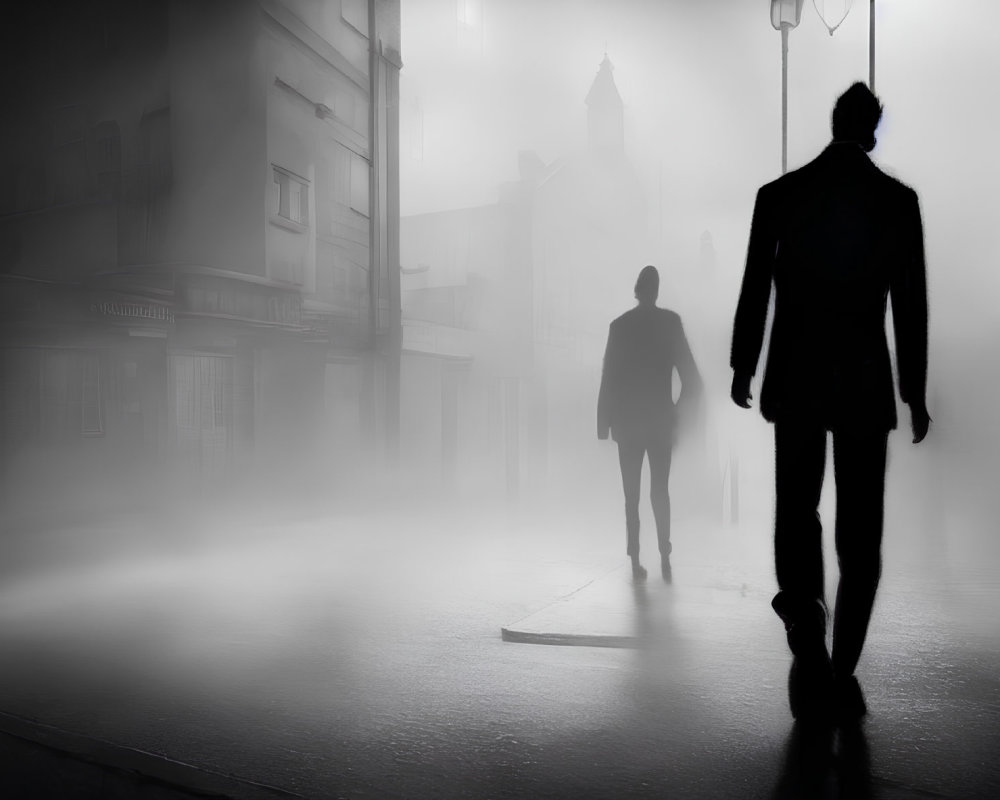 Silhouetted figures walking in foggy urban setting