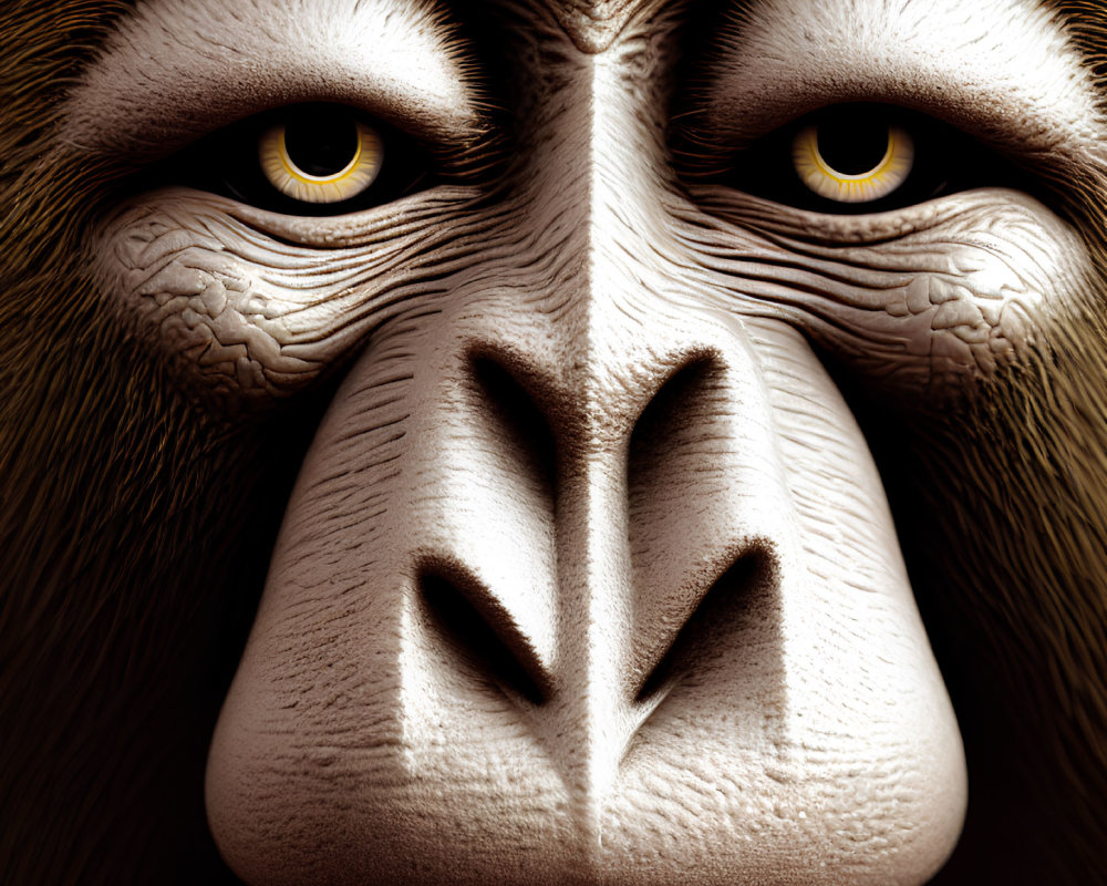 Detailed 3D Render of Gorilla's Face with Yellow Eyes