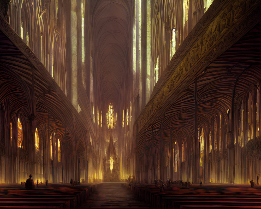 Gothic Cathedral Interior with Columns, Stained Glass, and Altar