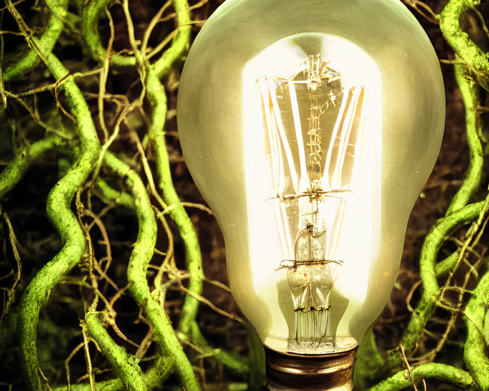 Vintage-style illuminated light bulb entwined with moss-covered roots in dark ambiance