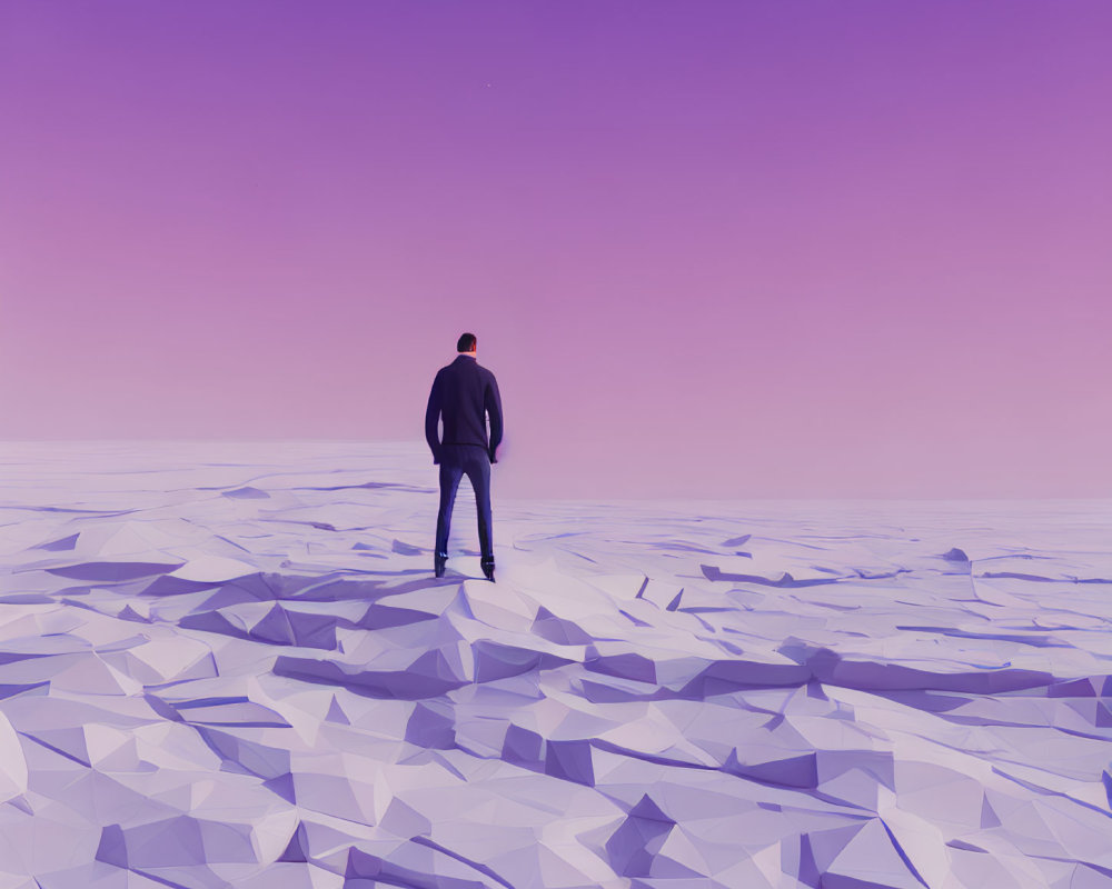 Solitary Figure in Fragmented Purple Landscape