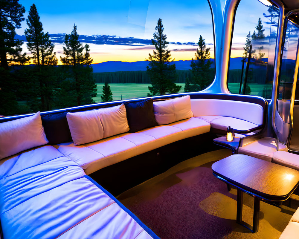 Luxury Vehicle Interior with Spacious Seating and Large Windows Displaying Twilight Landscape