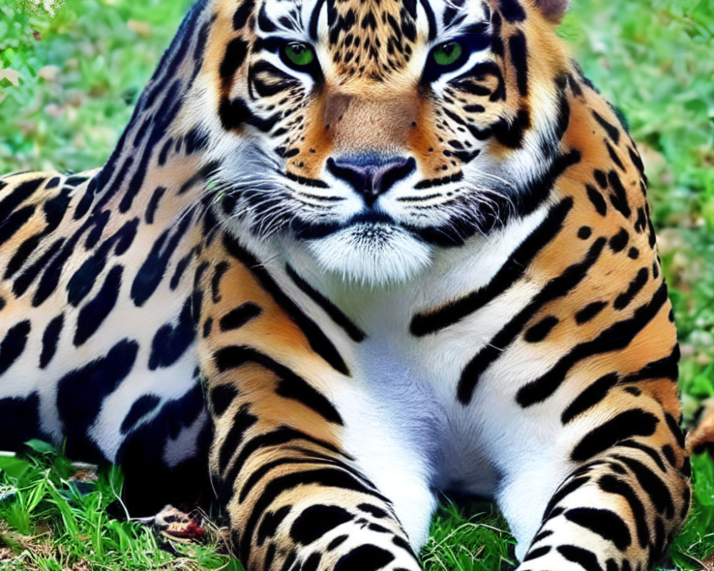 Majestic tiger with orange, black, and white fur on green grass