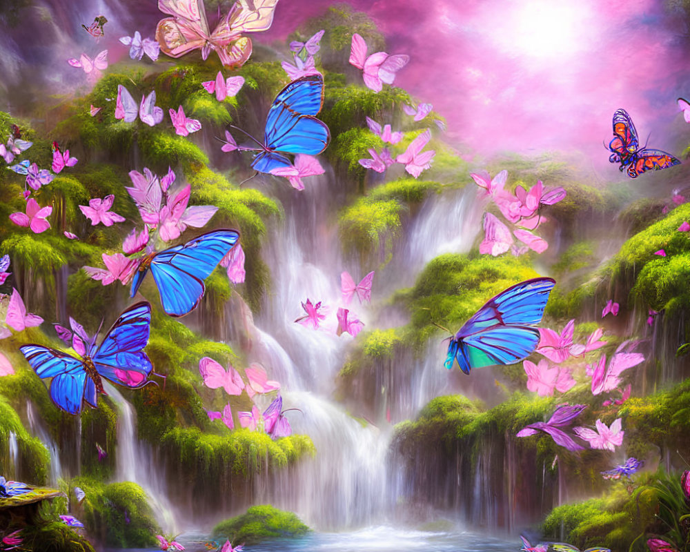 Scenic waterfall with lush greenery and colorful butterflies