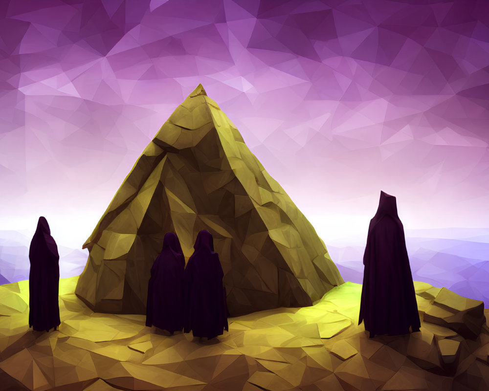 Abstract low-poly pyramid art with three figures under purple sky