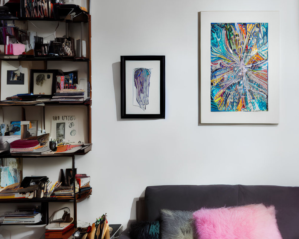 Inviting living space with gray sofa, colorful cushions, bookshelf, and vibrant artwork