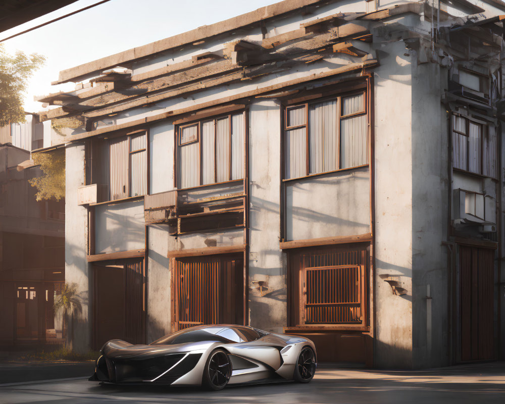 Futuristic sports car parked by dilapidated building and bridge in soft sunlight