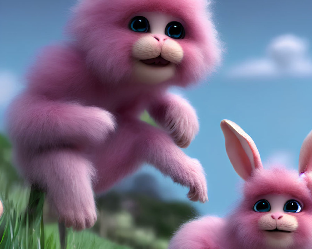 Two fluffy pink cartoon rabbits in grassy landscape