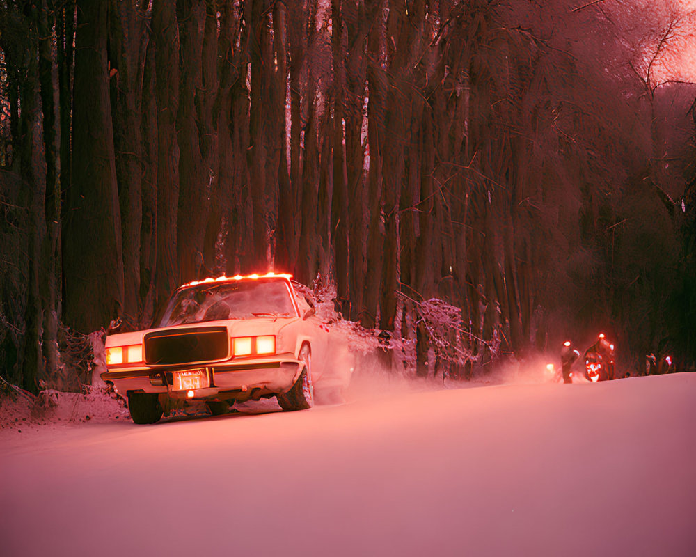 Vintage car driving in snow-covered forest at dusk with headlights on