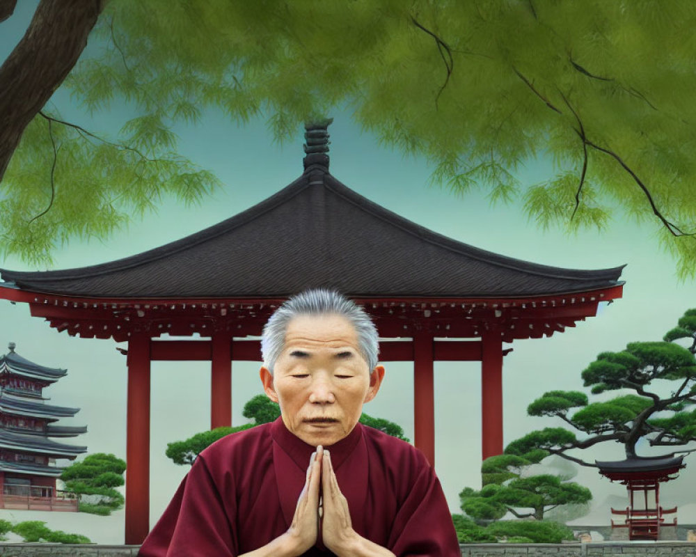 Asian Elderly Monk in Maroon Robe Praying at Temple Landscape