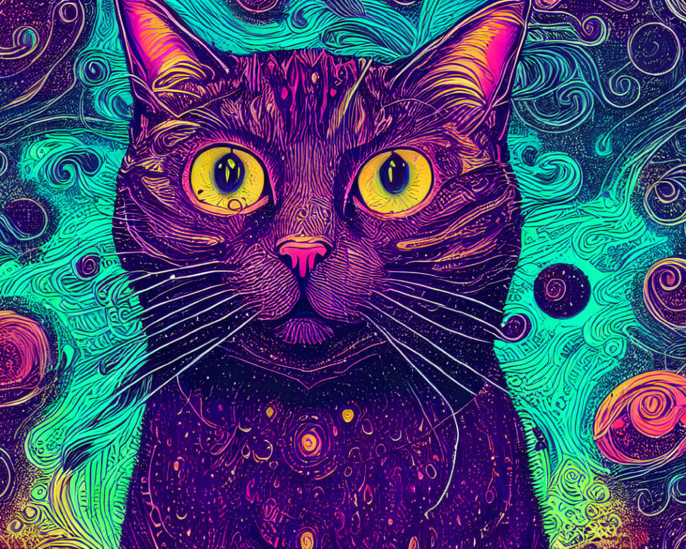 Colorful Psychedelic Cat Illustration with Yellow Eyes and Abstract Background