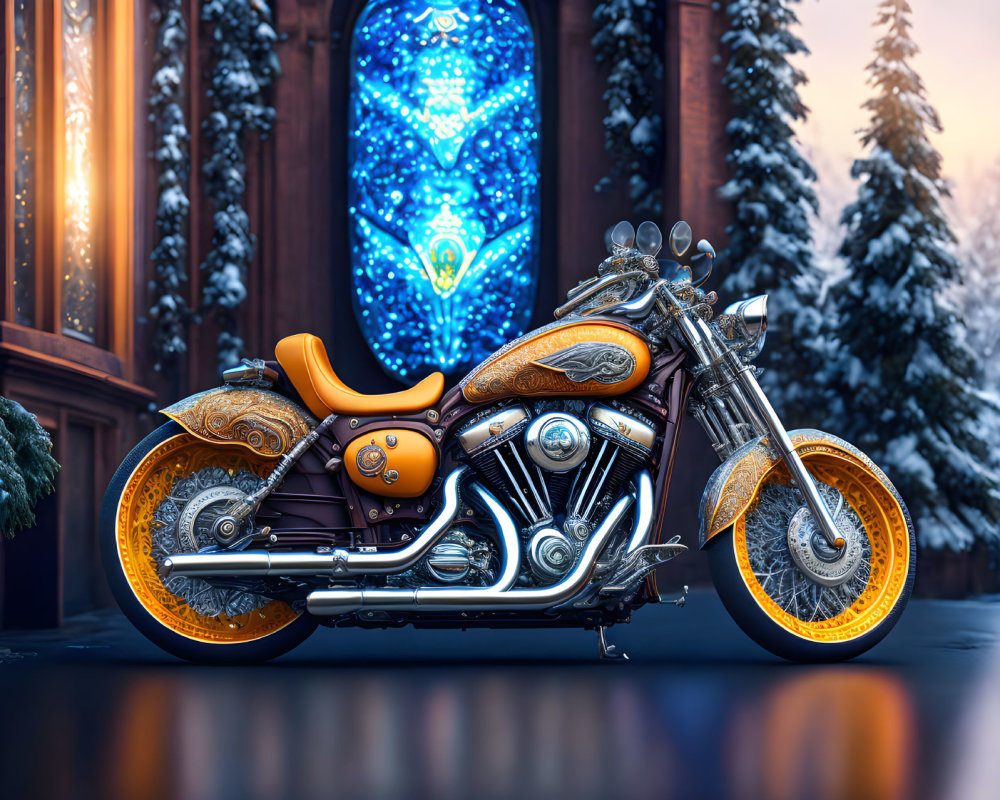 Vintage motorcycle with gold detailing parked in front of winter forest and stained-glass window