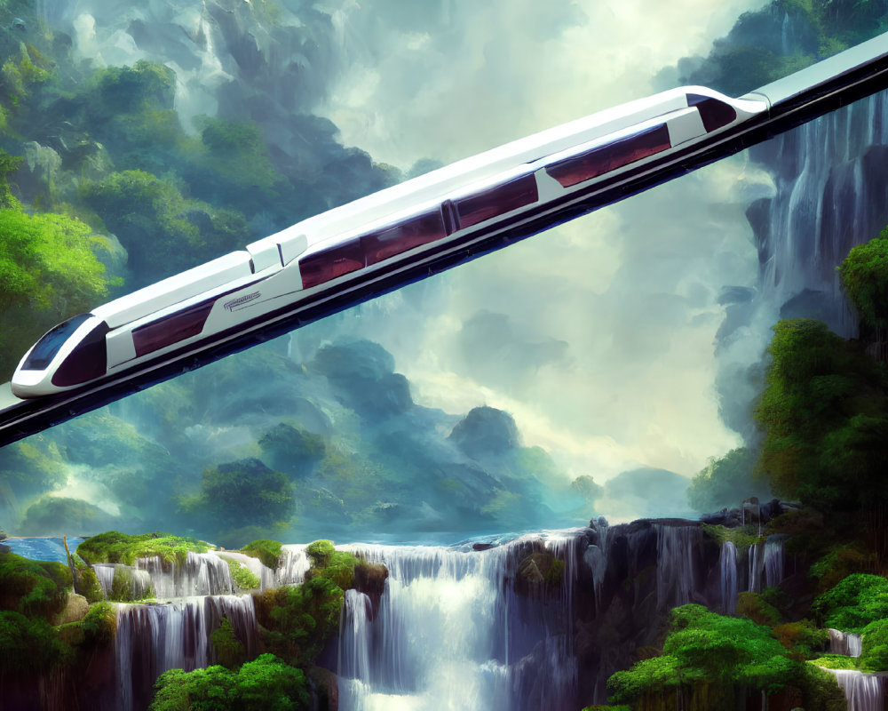 Futuristic train over waterfall bridge with misty mountains