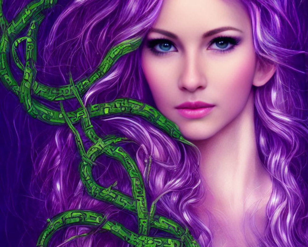 Vibrant purple hair and mystical symbols on woman's portrait.