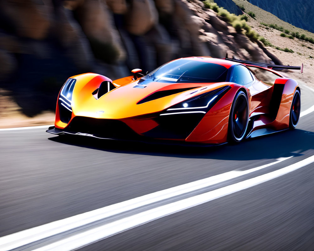 Orange Sports Car Speeding on Mountain Road with Black Accents