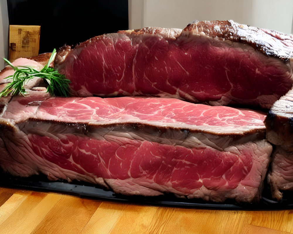 Raw marbled beef cut on black tray with rosemary sprig