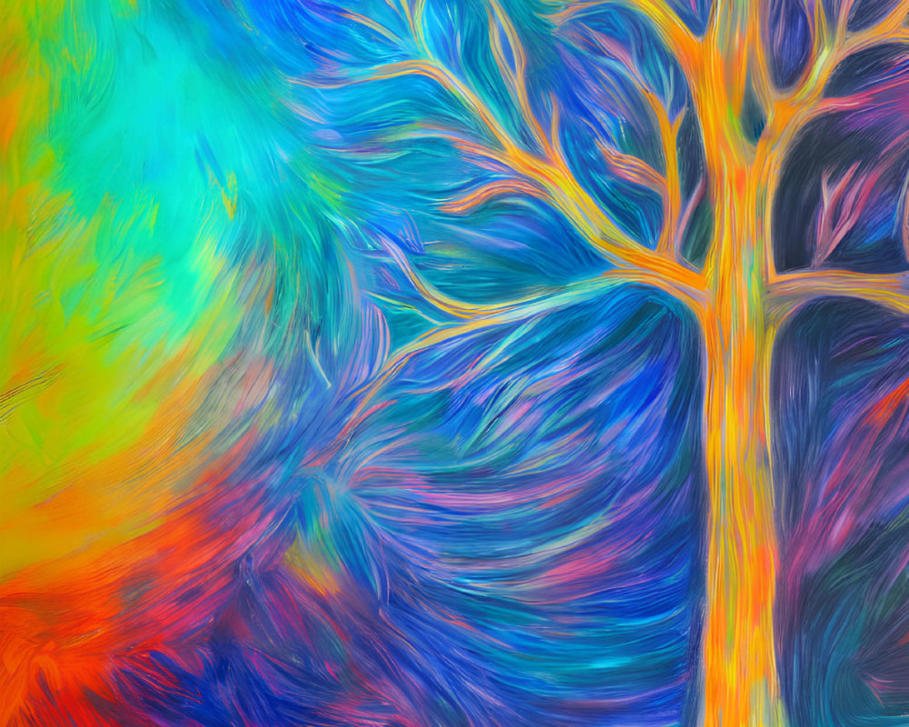 Colorful abstract painting: Swirling tree in vibrant spectrum.