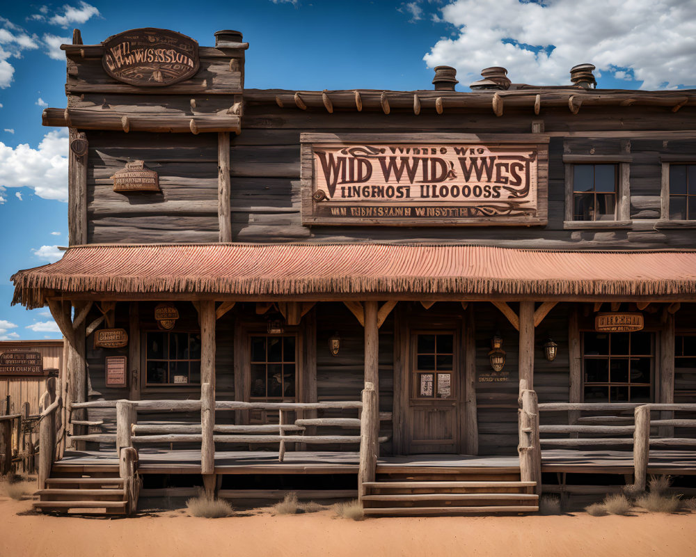 Wild West-themed building with rustic wooden facade and bold signage under clear blue sky