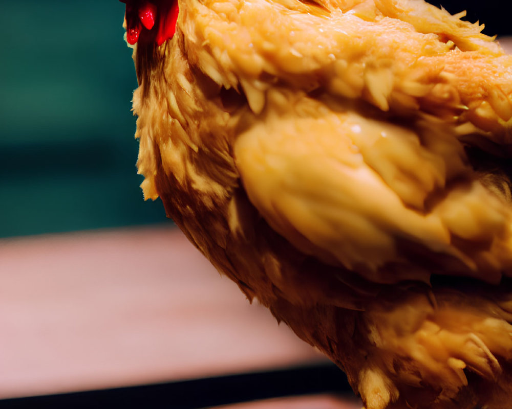 Vivid Golden Hen with Red Comb Perched Indoors