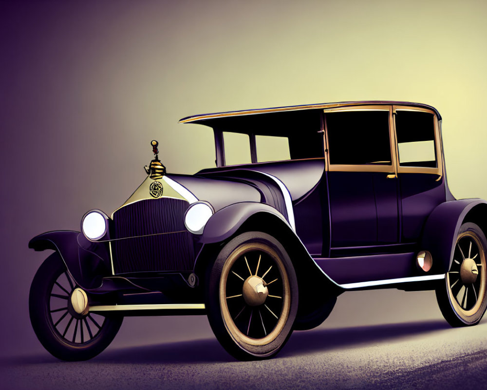 Vintage Purple Car with Golden Highlights and Spoked Wheels on Gradient Background