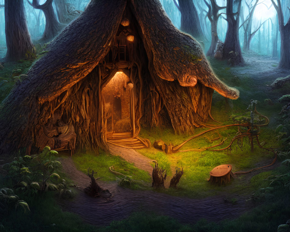 Enchanting forest scene with whimsical cottage and mystical trees