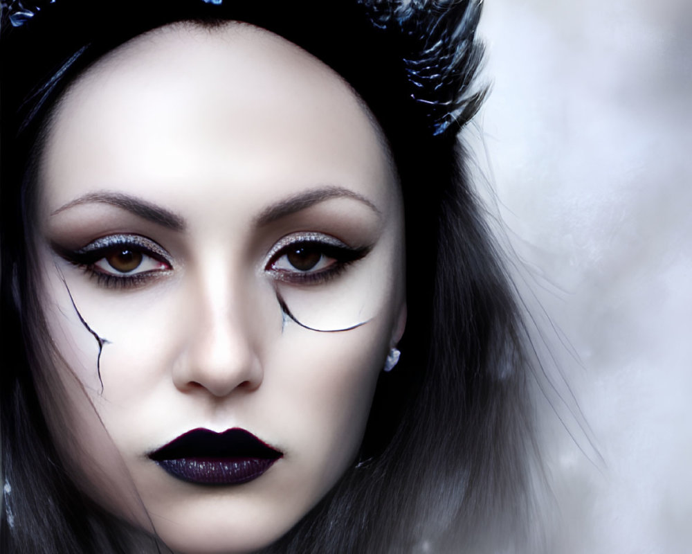 Feathered headpiece and cracked paint effect on dark makeup portrait.