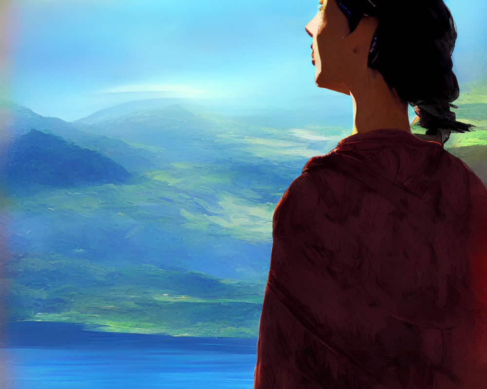 Woman in Red Dress Contemplating Serene Mountain Landscape