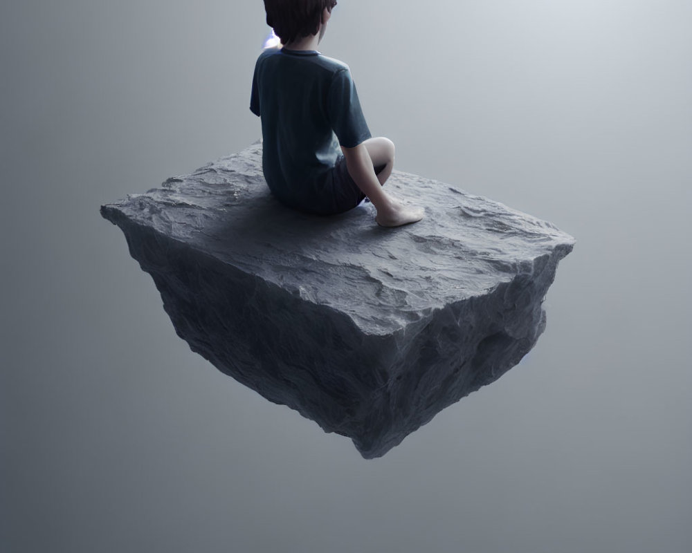 Person sitting barefoot on levitating rock platform, contemplating in isolation