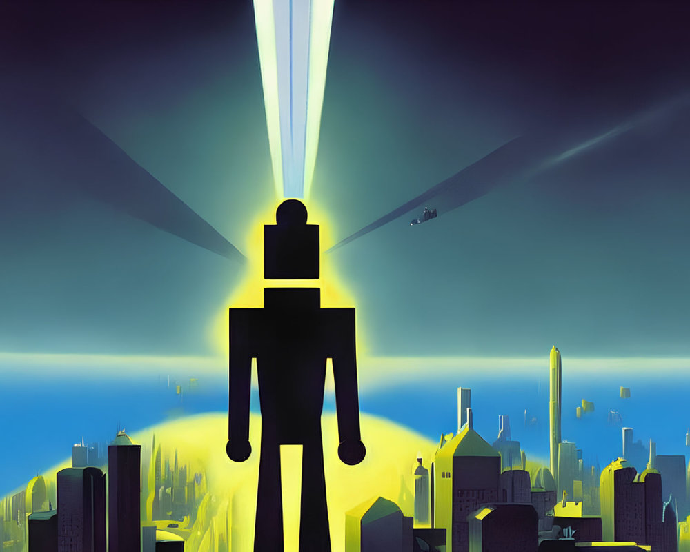 Silhouetted figure overlooking cityscape with glowing eyes and airship