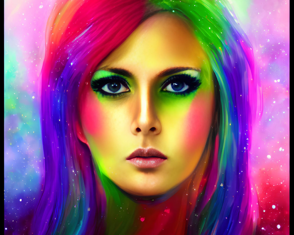 Colorful digital portrait: Woman with rainbow hair and galaxy background