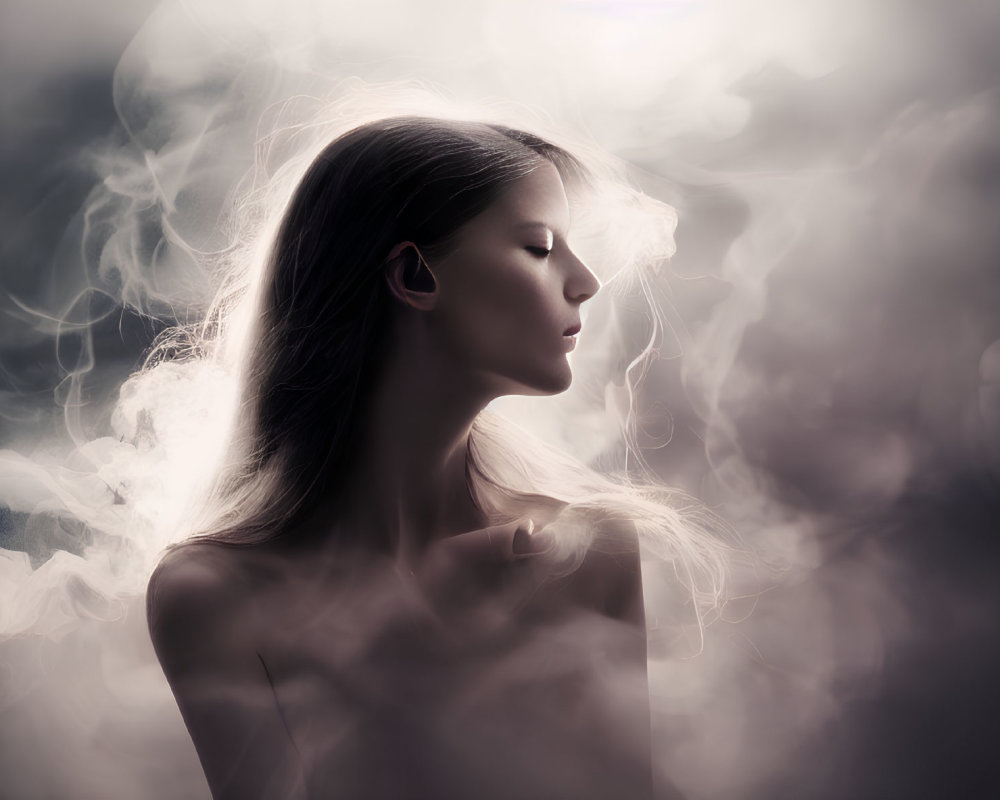 Profile of serene woman in mist with contemplative expression