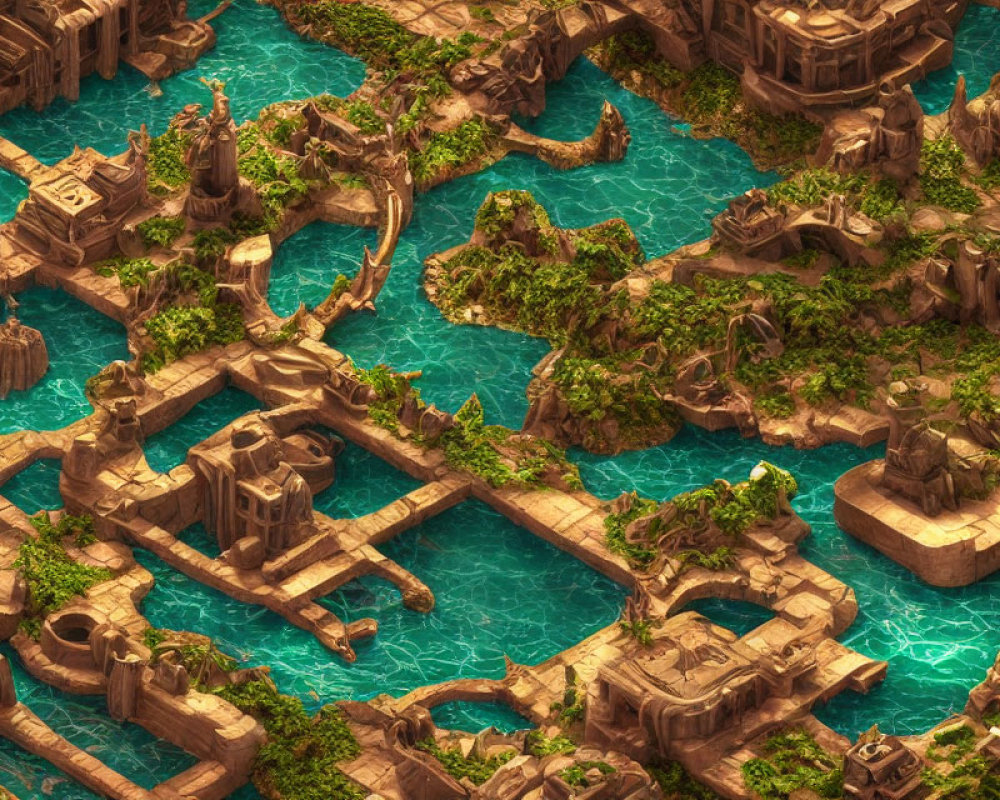 Fantastical ancient city with ruins and blue waterways