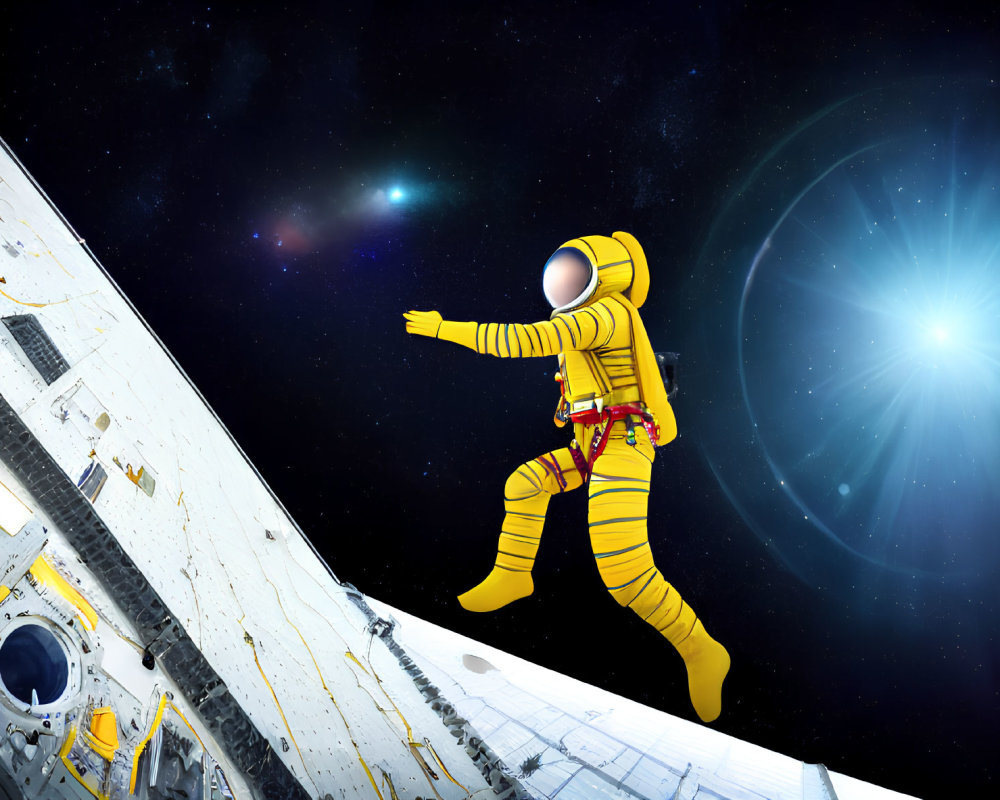 Yellow-suited astronaut spacewalks near spacecraft in vast space.