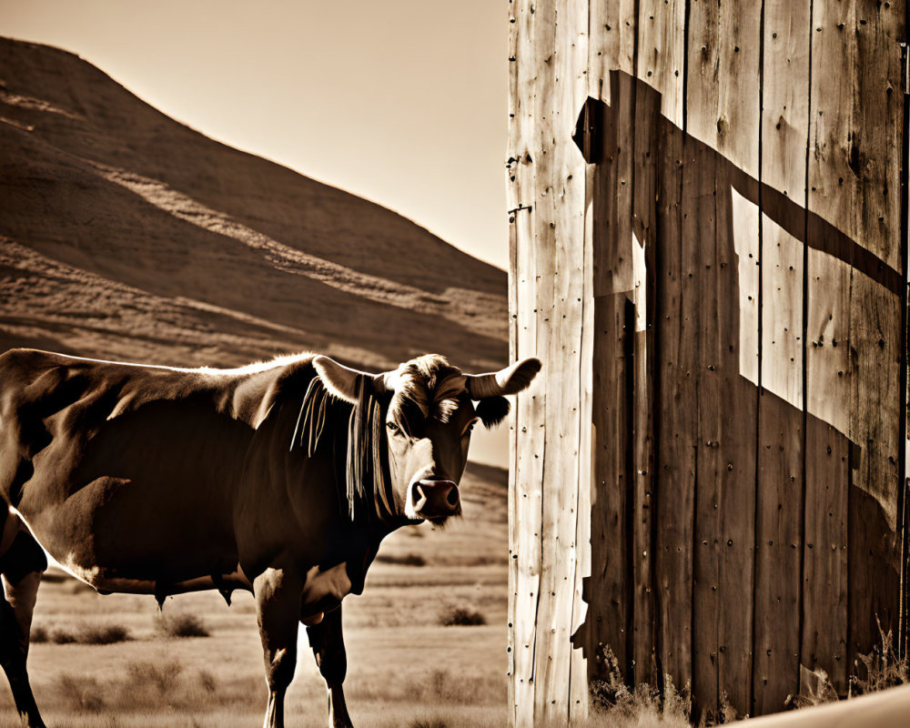 Vintage car and curious cow in sepia-toned rural scene