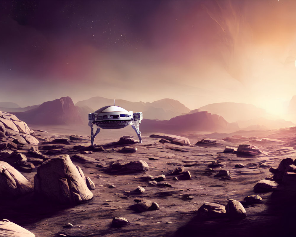 Robotic lander in rocky alien landscape with low sun and distant planet.