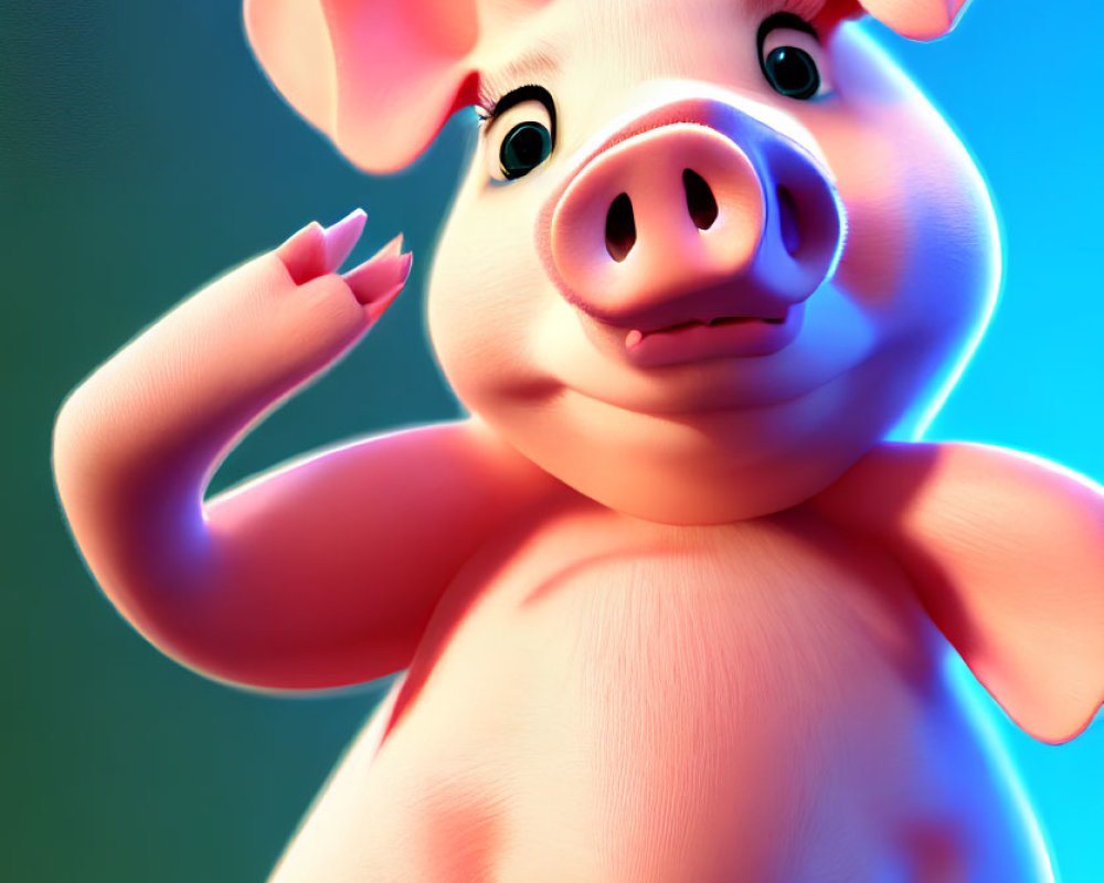 Smiling anthropomorphic pig character on blue and green gradient background